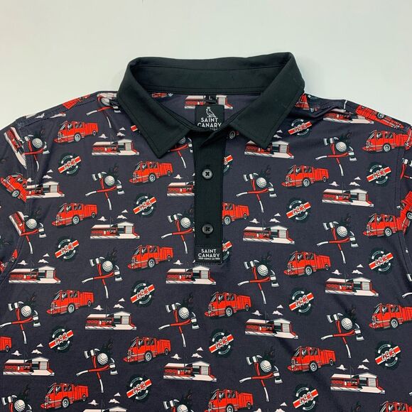 Saint Canary Polo Shirt Mens L Large Black Stretch Allover Fire Truck Axe Golf - Picture 3 of 10